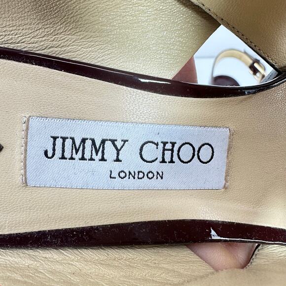 JIMMY CHOO Platform Sandal AIX 125 Red Leather Wood Heels Gold Patent Size 40 - Picture 8 of 12